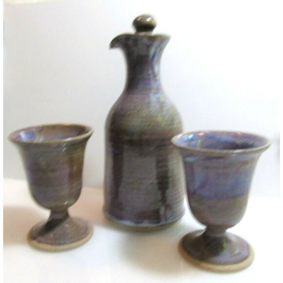 Studio Pottery WINE GOBLETS & DECANTER PITCHER + STOPPER Purple Gray - Picture 6 of 8